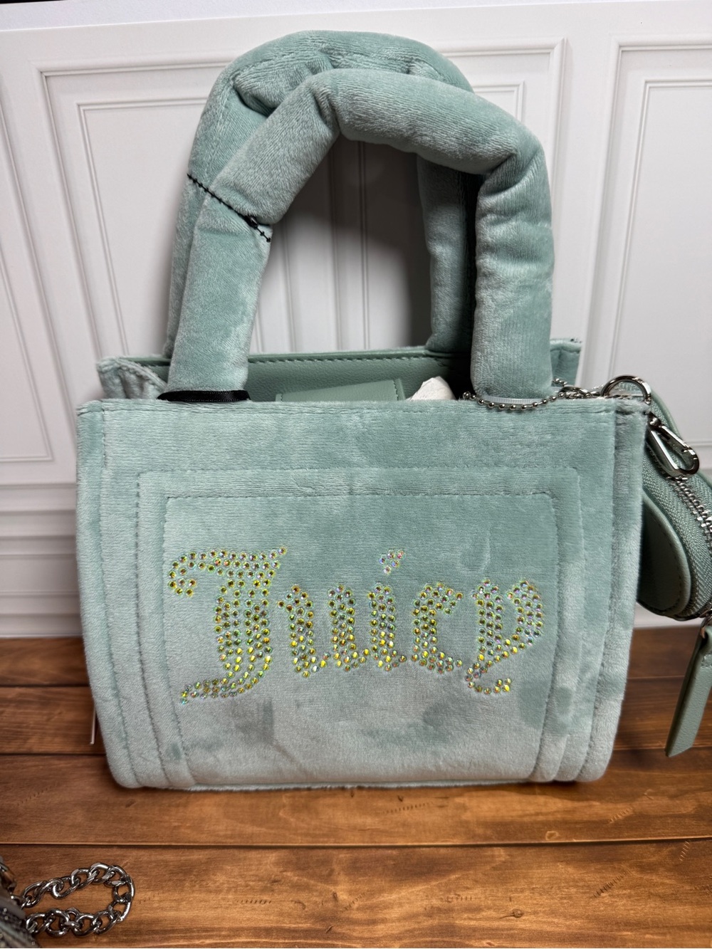Juicy Couture Cool Blue Plush Tote with Rhinestone 'Juicy' Logo